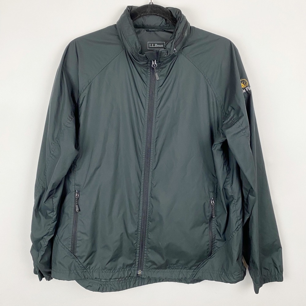 L.L. Bean Windbreaker Jacket Womens Size L Black Full‎ Zip Stowaway Hood